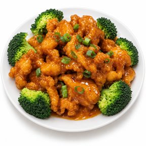 Aromatic Chicken: glazed chicken in a sweet tangy sauce, ringed with steamed broccoli and topped with green onion.