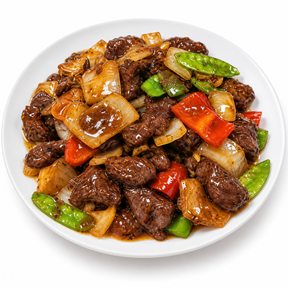 Black Peppered Filet Mignon Steak Strips: peppered beef wok'd with onion, snow peas and red bell pepper.